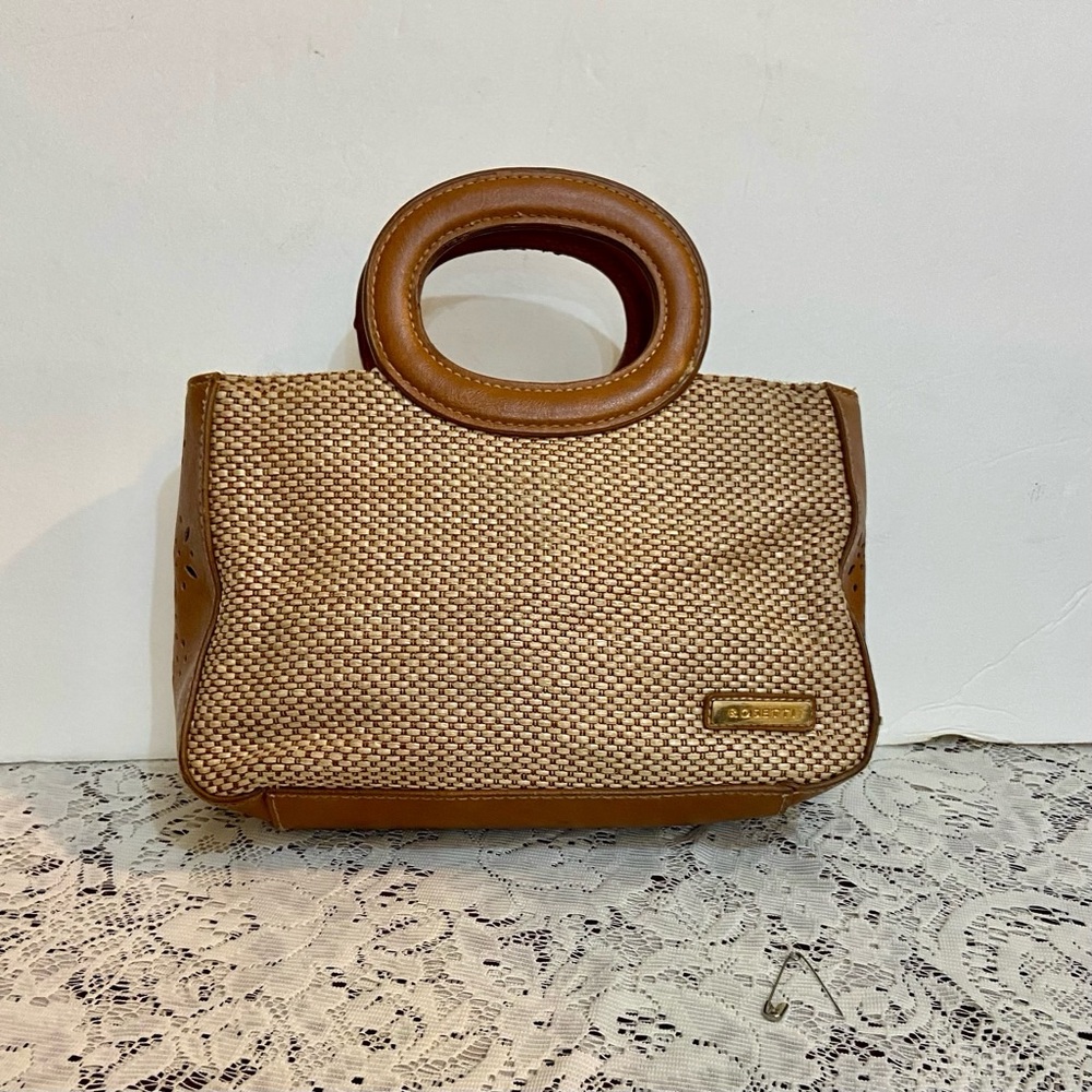 Rosetti Beige Straw- Brown Leather Trim Handbag-Crossbody. (9.5in x 6in x 3in)